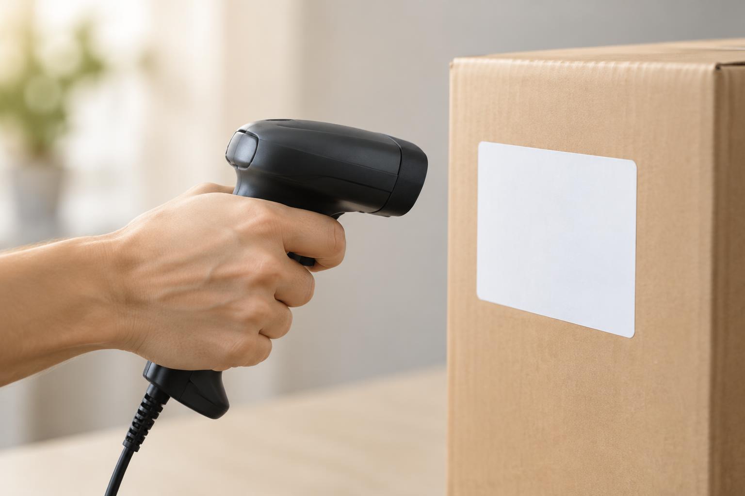 A handheld scanner reading a label on a plain carton