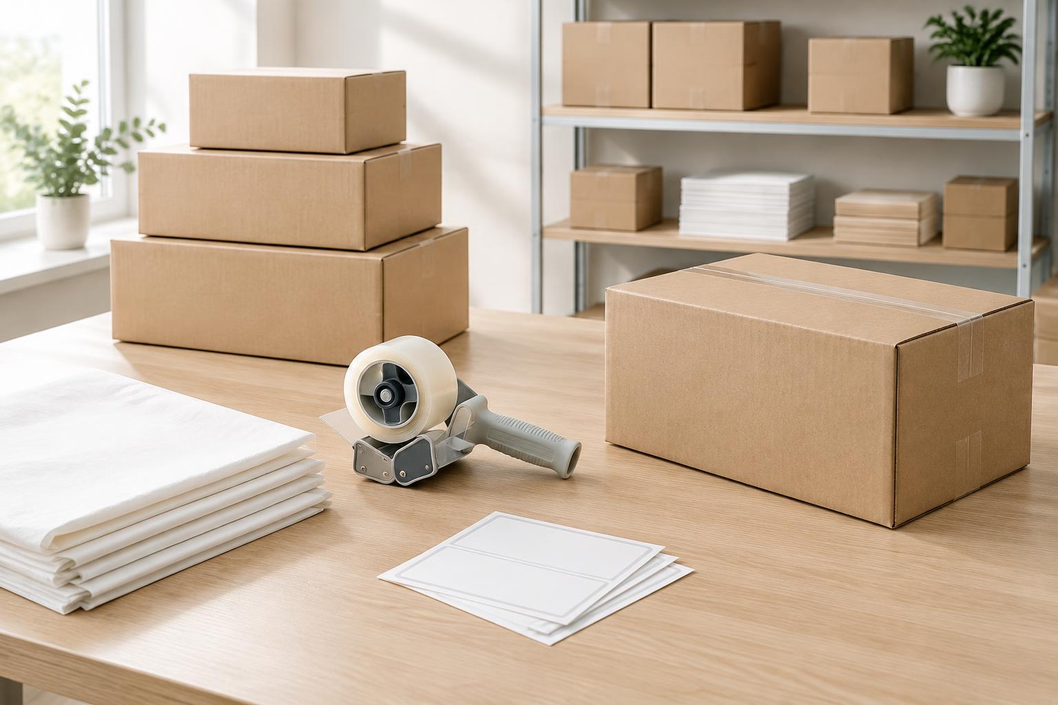 A clean packing bench with plain cartons, tape and shipping labels