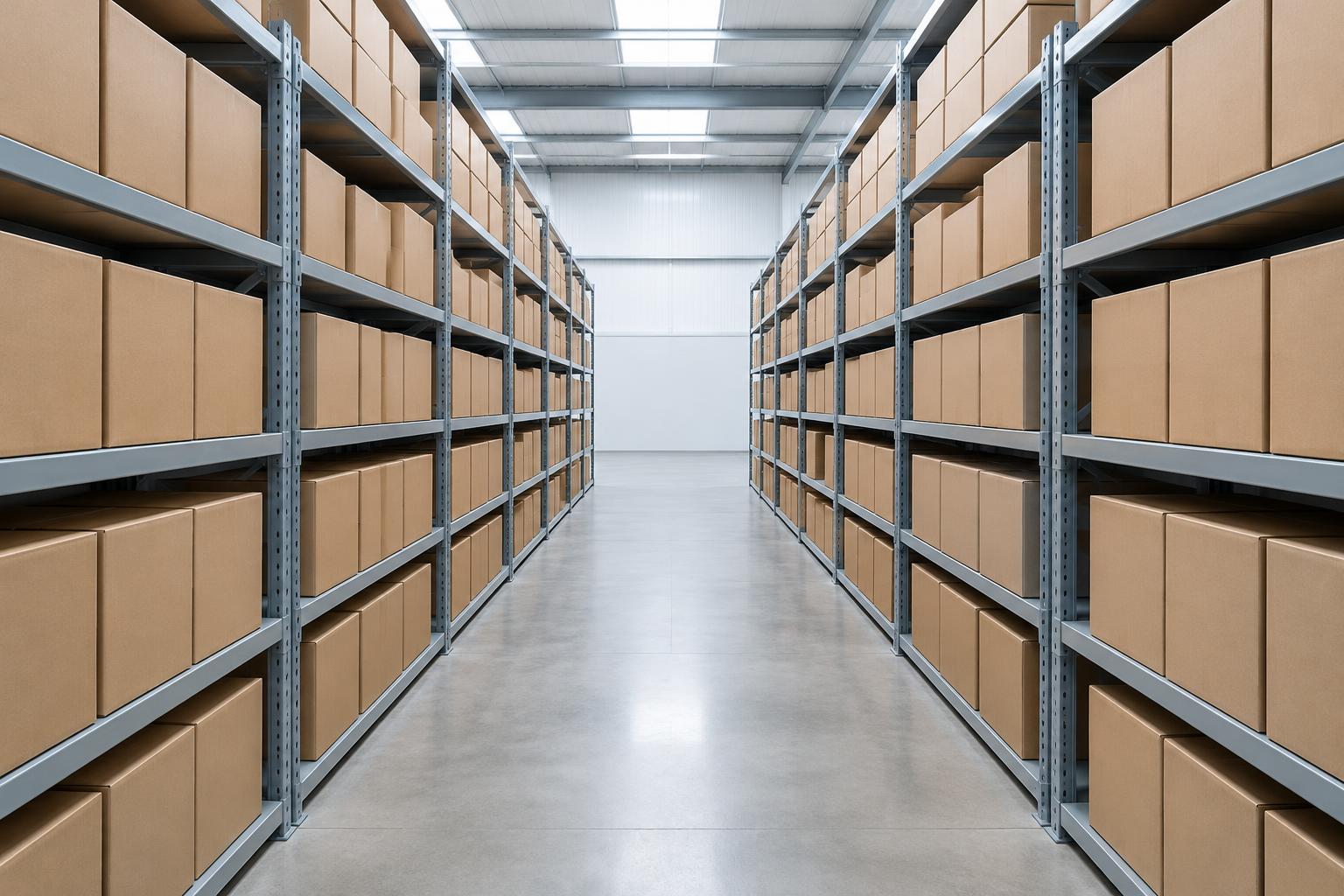 A tidy warehouse aisle of plain cartons on metal shelving